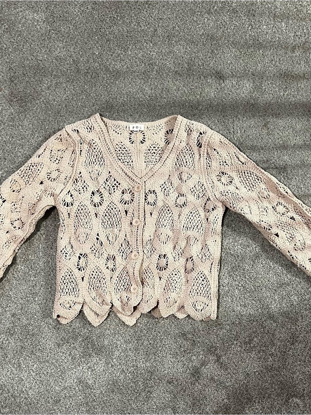 POL Open-Knit Crochet Cropped Cardigan in Light Beige